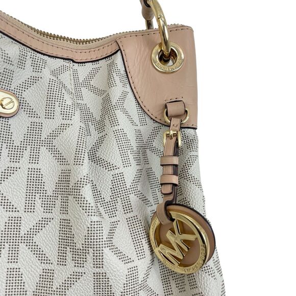 Michael Kors Jet Set Monogram Shoulder Bag Pleated White Tan Signature MK Logo - Picture 3 of 13